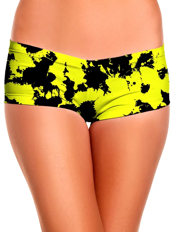 Yellow and Black Paint Splatter Booty Shorts sold by iEDM