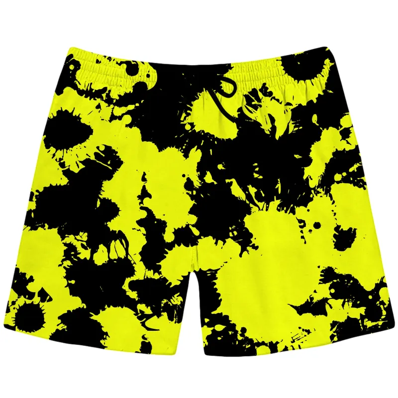 Yellow and Black Paint Splatter Swim Trunks sold by iEDM