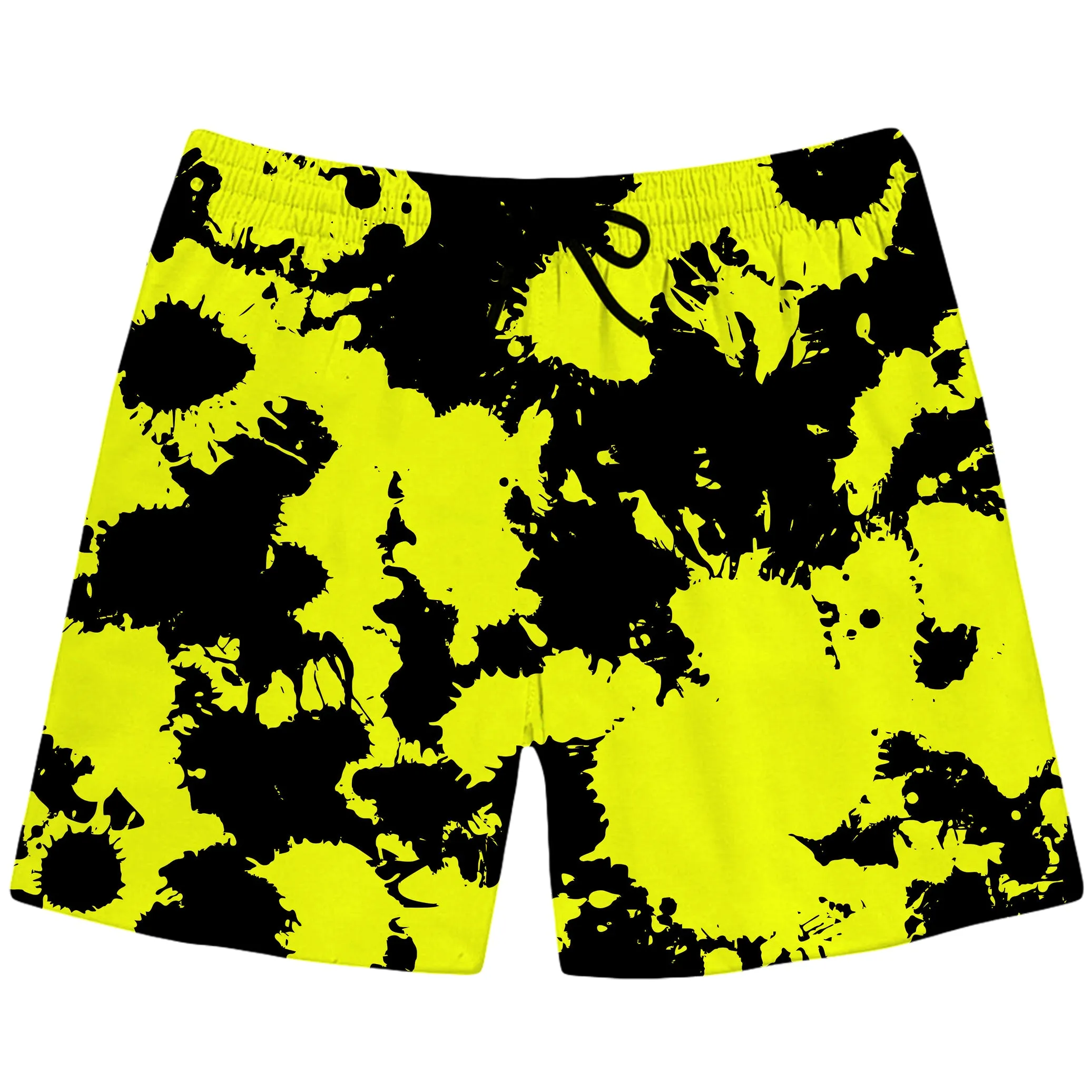 Yellow and Black Paint Splatter Swim Trunks sold by iEDM