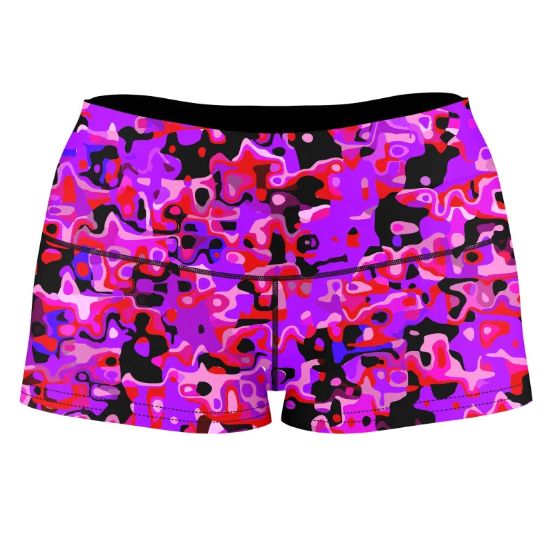 Purple Red and Black Rave Camo Melt High-Waisted Women's Shorts sold by iEDM