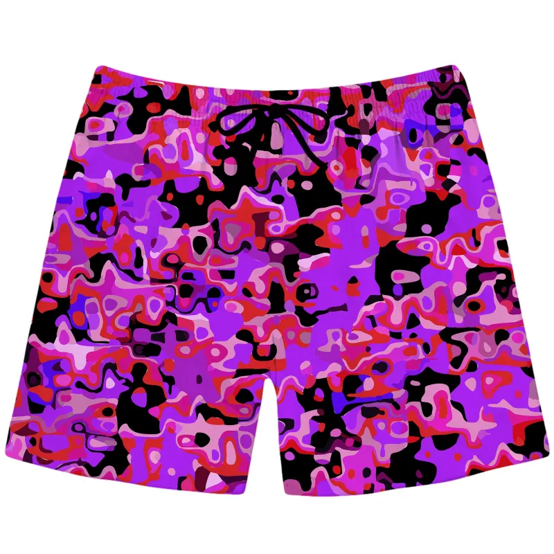 Purple Red and Black Rave Camo Melt Swim Trunks sold by iEDM