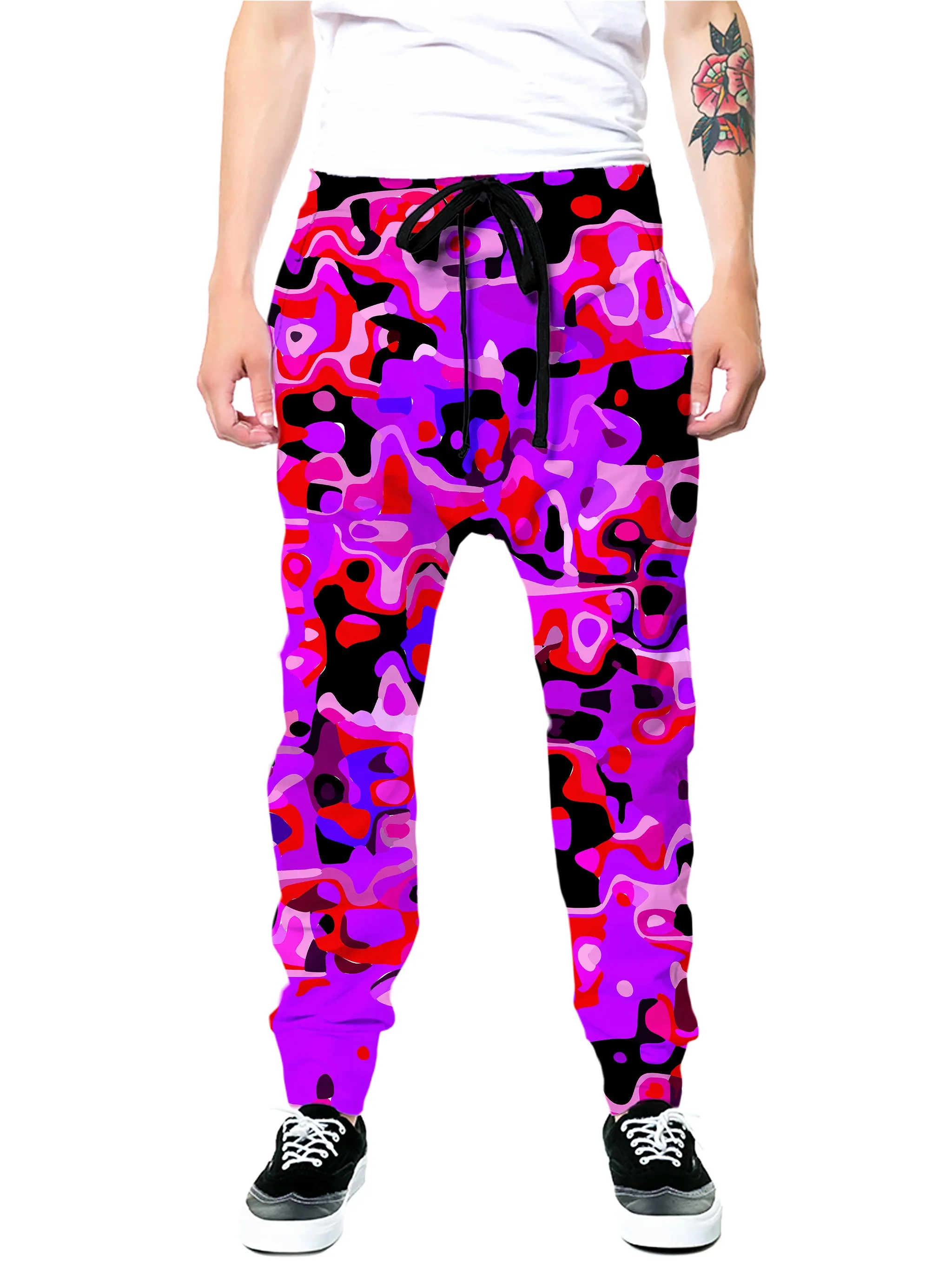 Purple Red and Black Rave Camo Melt Joggers sold by iEDM