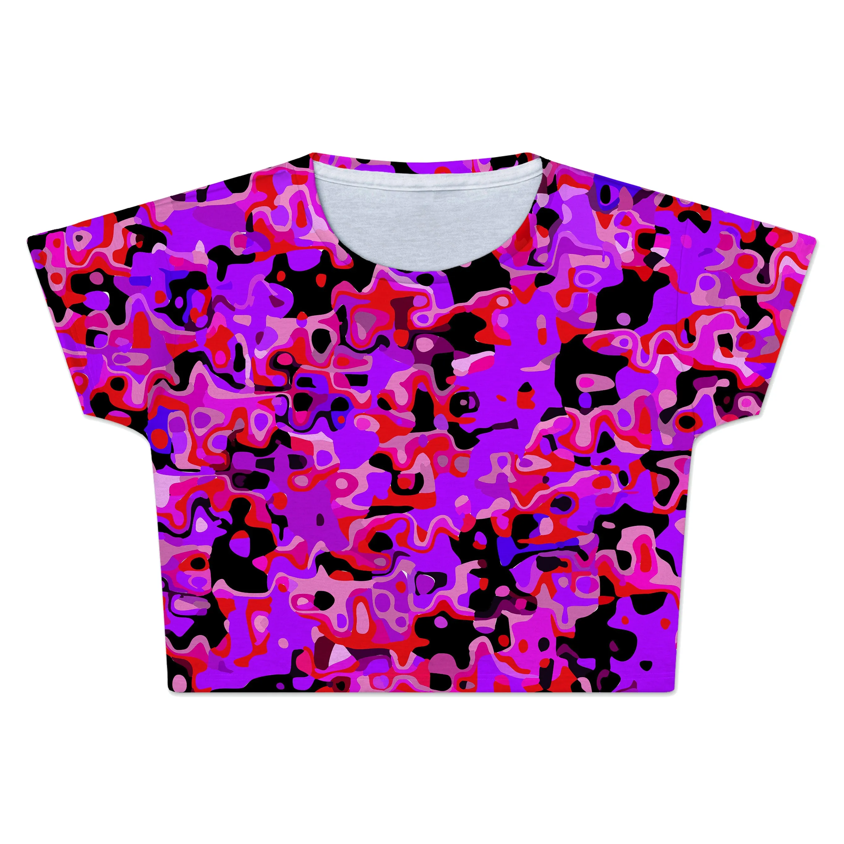 Purple Red and Black Rave Camo Melt Crop Tee sold by iEDM