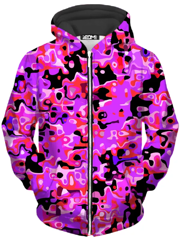 Purple Red and Black Rave Camo Melt Unisex Zip-Up Hoodie sold by iEDM
