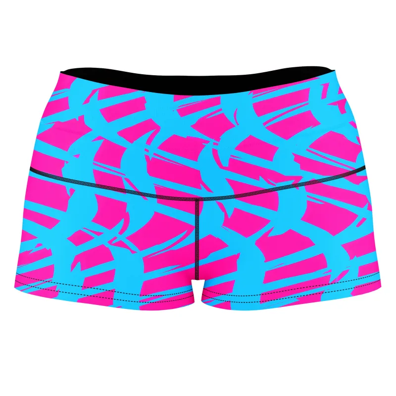 Pink and Blue Squiggly Rave Checkered High-Waisted Women's Shorts sold by iEDM
