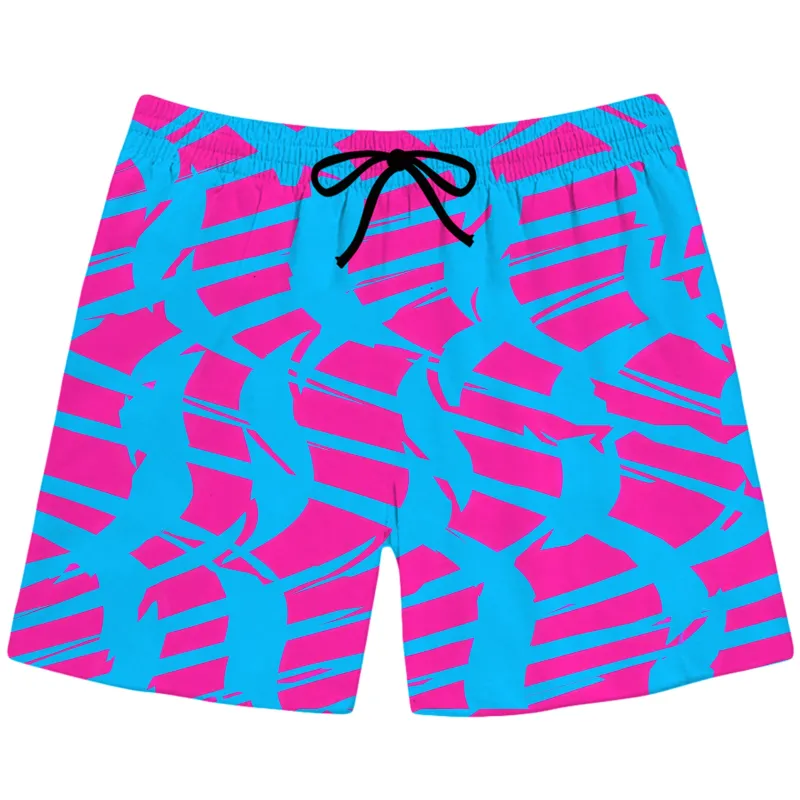 Pink and Blue Squiggly Rave Checkered Swim Trunks sold by iEDM