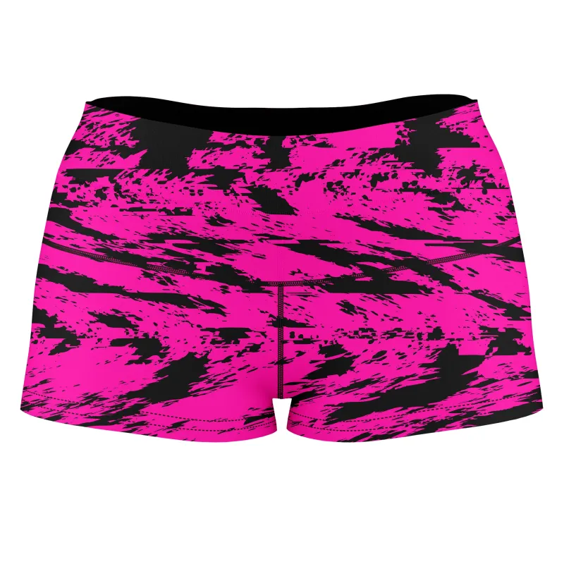 Pink and Black Rave Glitch Splatter High-Waisted Women's Shorts sold by iEDM