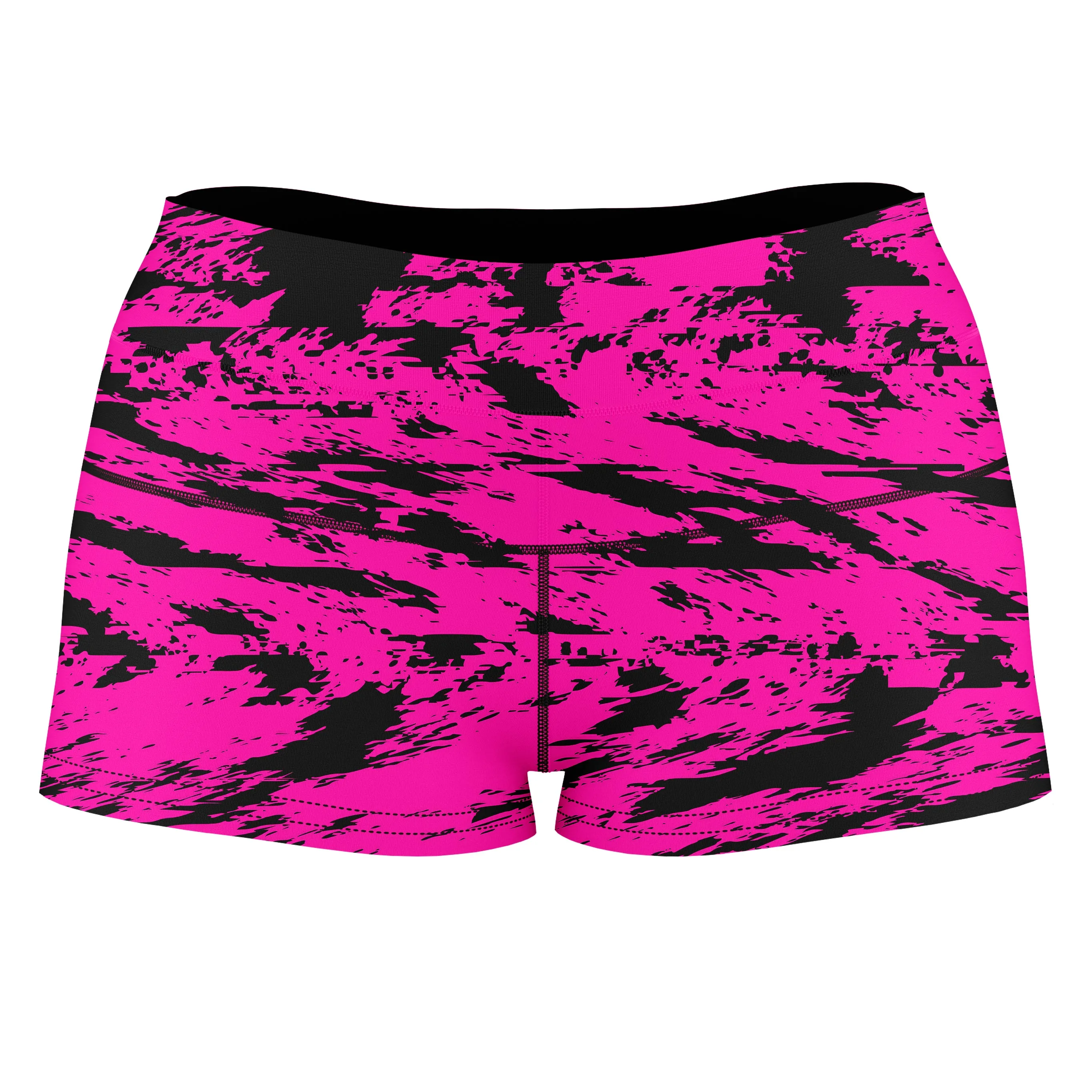 Pink and Black Rave Glitch Splatter High-Waisted Women's Shorts sold by iEDM