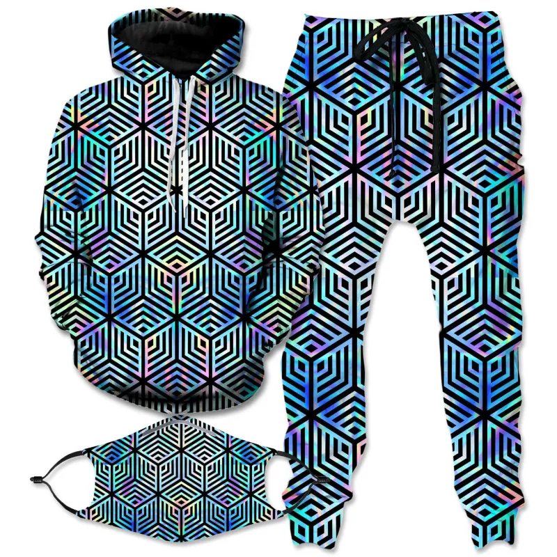 Holographic Hexagon Hoodie and Joggers with PM 2.5 Face Mask Combo made by iEDM