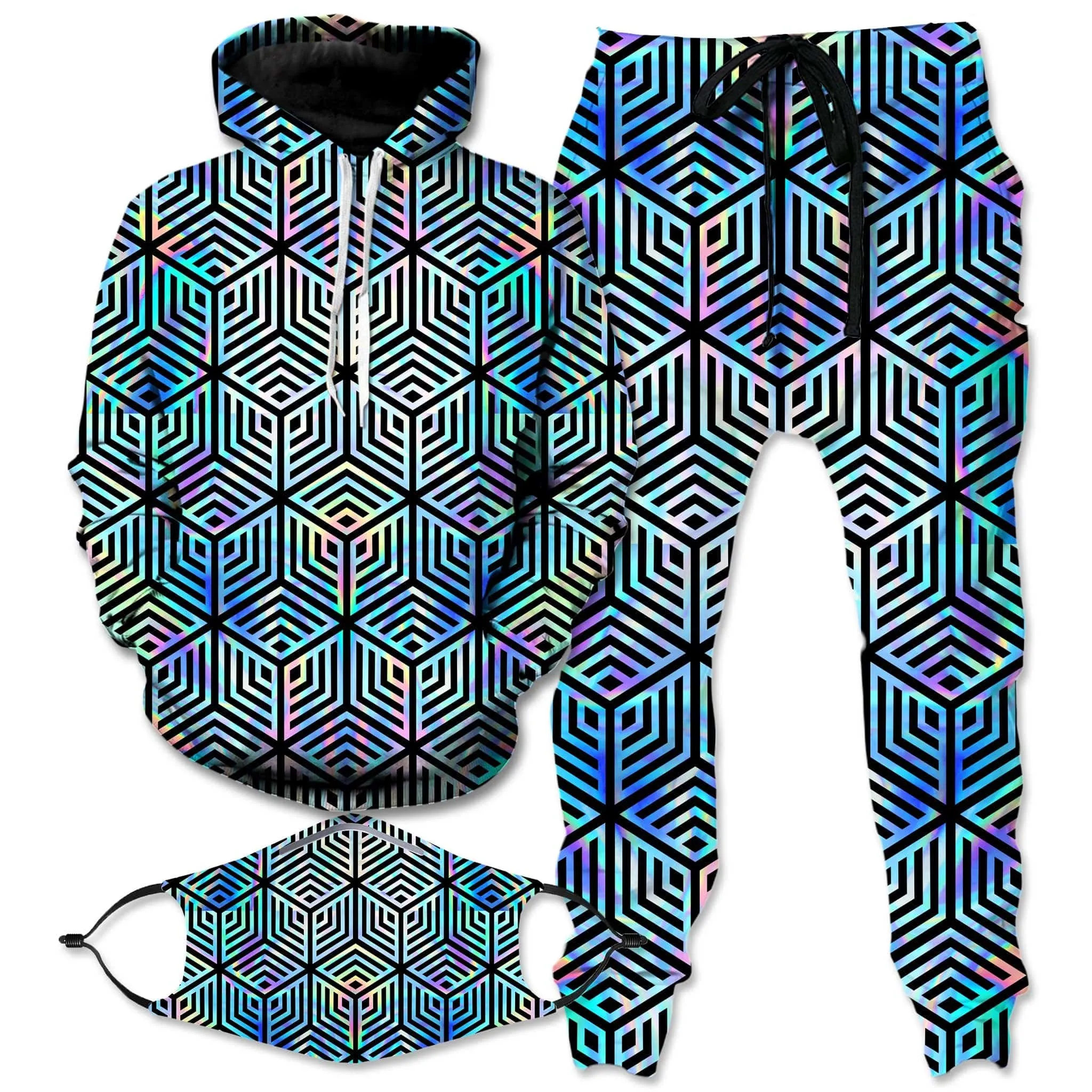 Holographic Hexagon Hoodie and Joggers with PM 2.5 Face Mask Combo sold by iEDM
