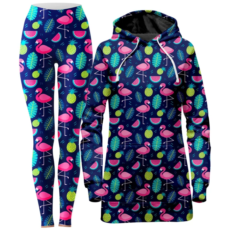 Neon Flamingos Hoodie Dress and Leggings Combo sold by iEDM