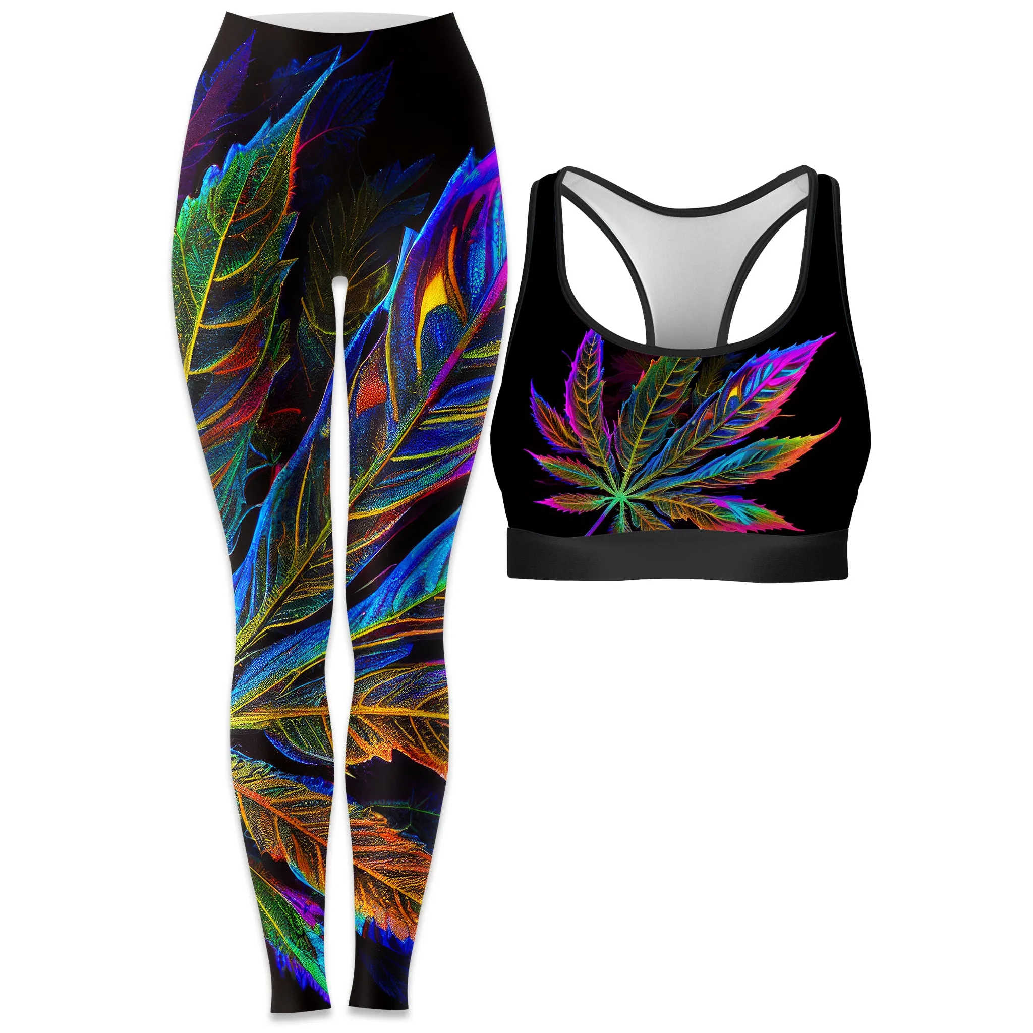 Blacklight Weed Rave Bra and Leggings Combo sold by iEDM