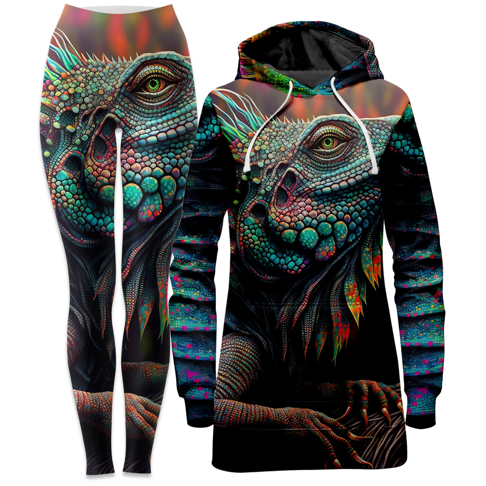 Psychedelic Giant Iguana 2.0 Hoodie Dress and Leggings Combo sold by iEDM