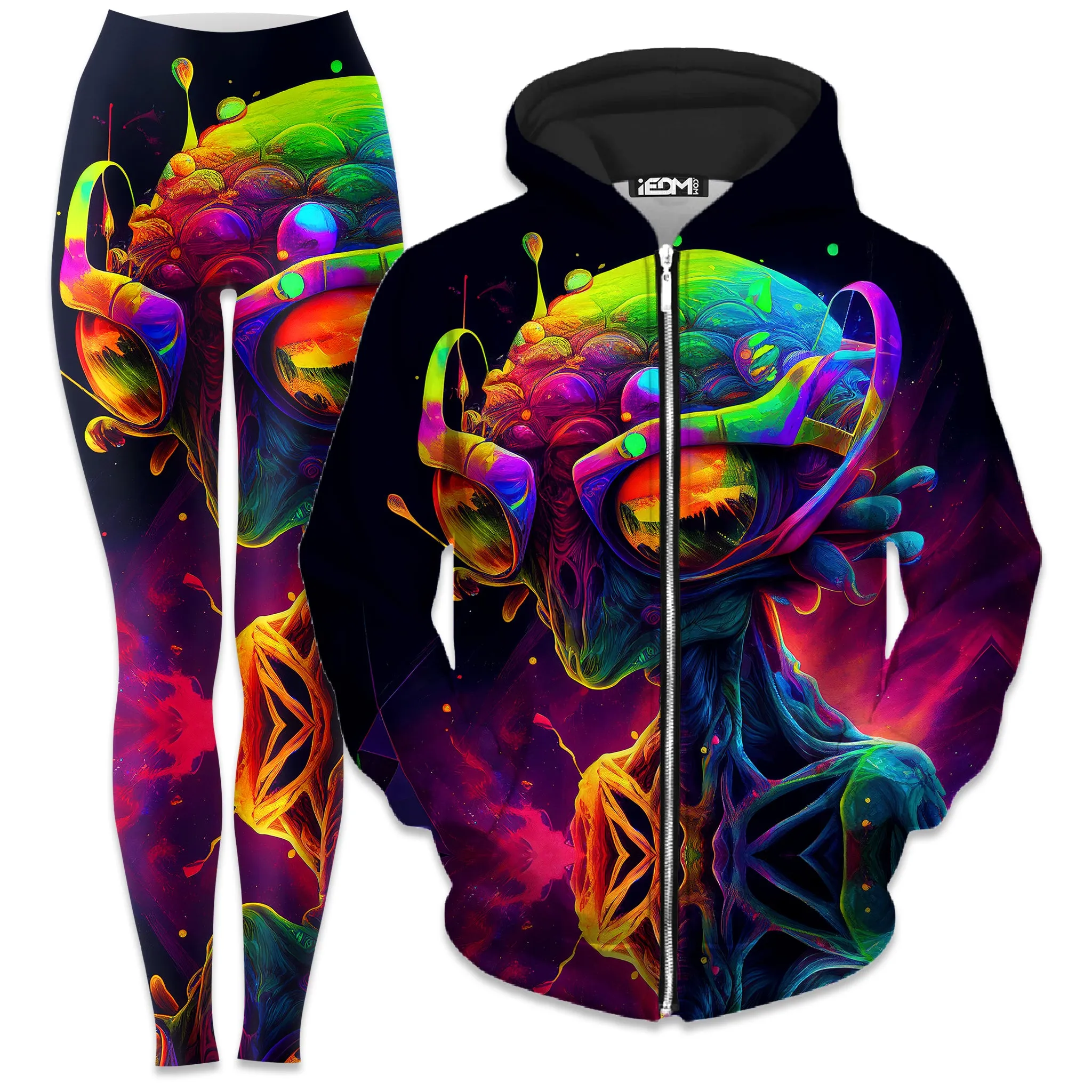 Psychedelic Alien Zip-Up Hoodie and Leggings Combo sold by iEDM