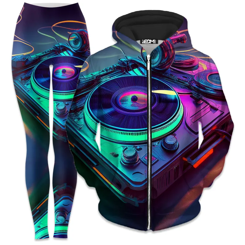 Neon Turntables Zip-Up Hoodie and Leggings Combo sold by iEDM