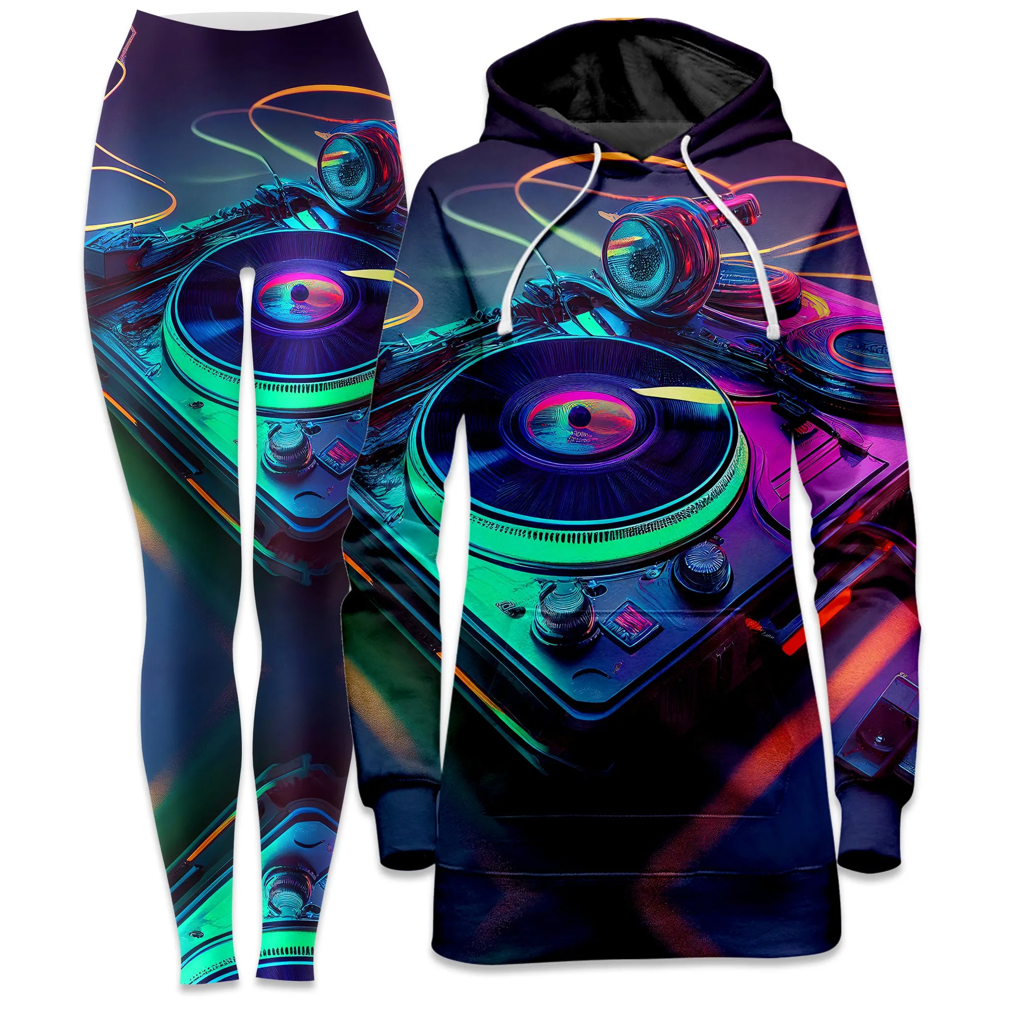 Neon Turntables Hoodie Dress and Leggings Combo sold by iEDM