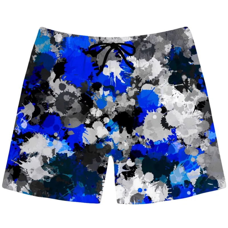 Blue and Grey Paint Splatter Swim Trunks sold by iEDM