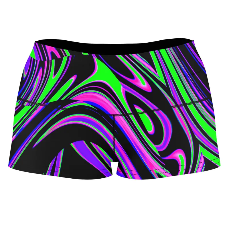 Violet and Lime Blackout Drip High-Waisted Women's Shorts sold by iEDM