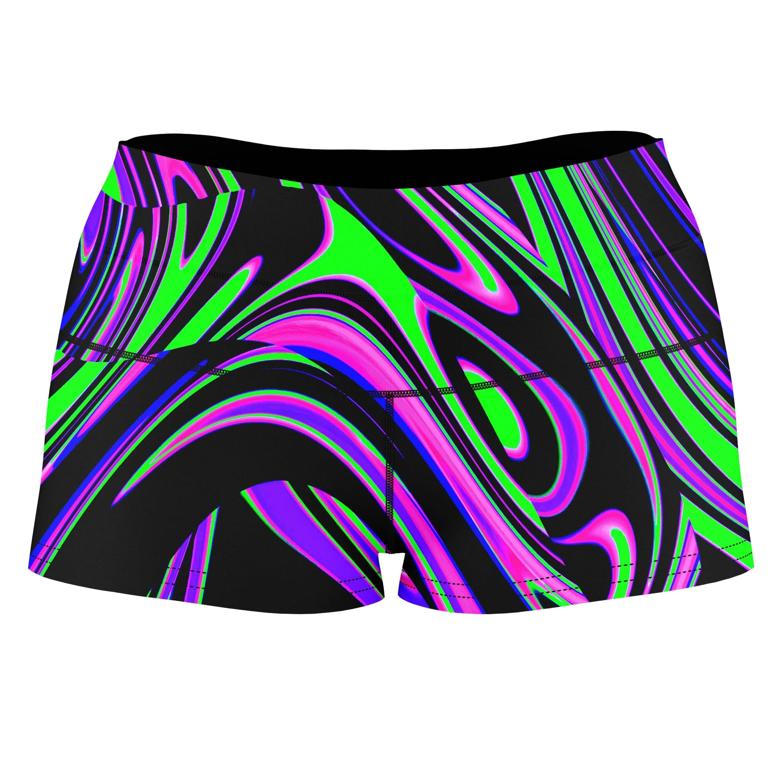 Violet and Lime Blackout Drip High-Waisted Women's Shorts sold by iEDM
