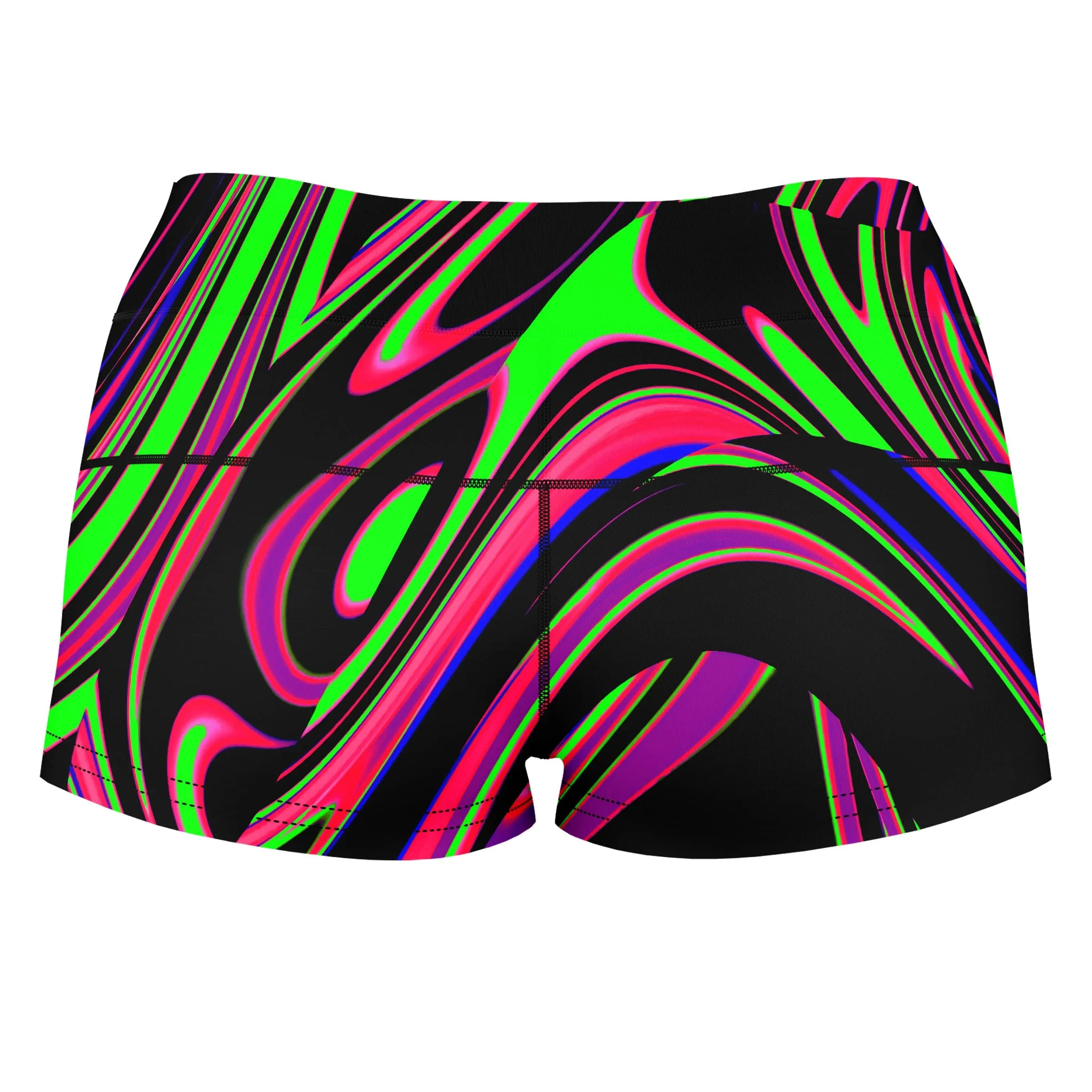 Pink and Green Blackout Drip High-Waisted Women's Shorts sold by iEDM product image thumbnail 2