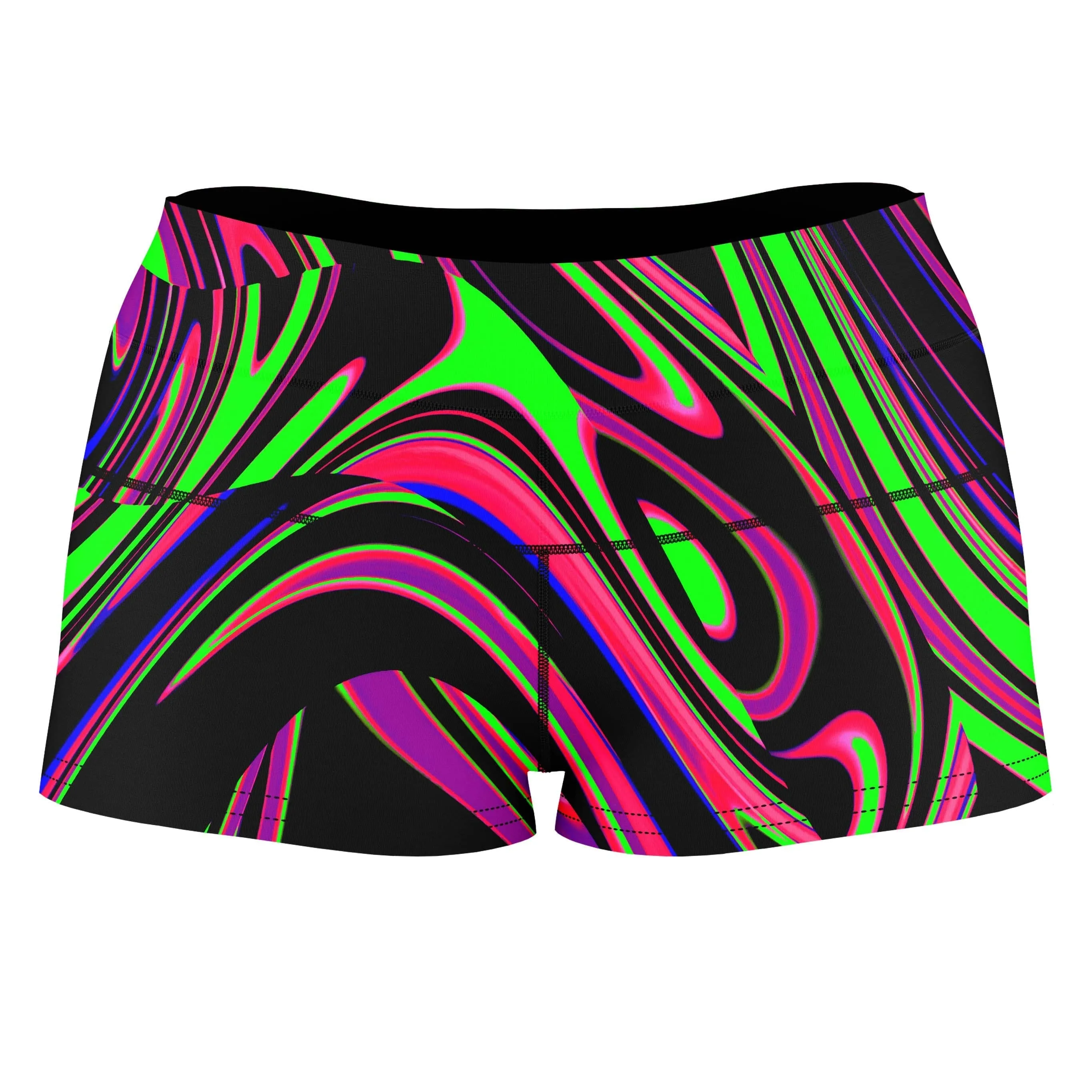 Pink and Green Blackout Drip High-Waisted Women's Shorts sold by iEDM