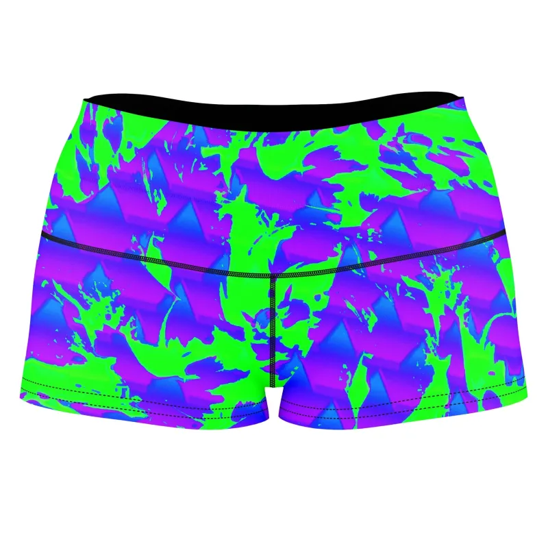 Green and Purple Hypno Splatter High-Waisted Women's Shorts sold by iEDM