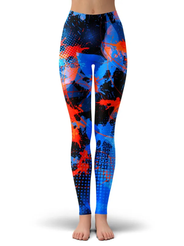 Blue and Orange Paint Splatter Leggings sold by iEDM