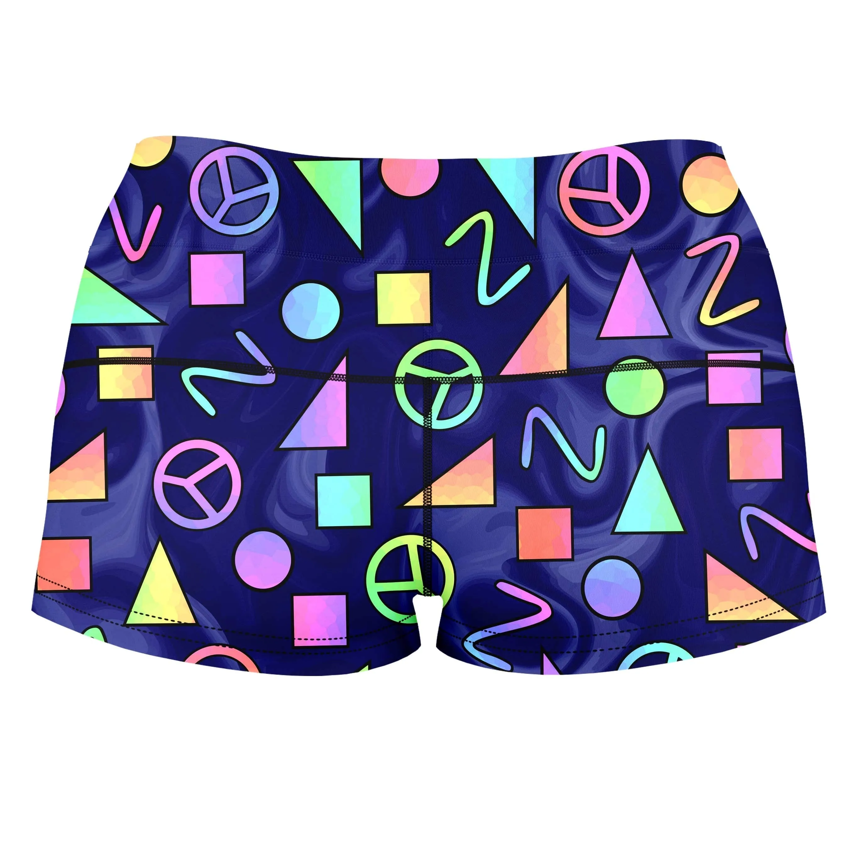 Retro Shapes Peace Symbols Blue High-Waisted Women's Shorts sold by iEDM product image thumbnail 2