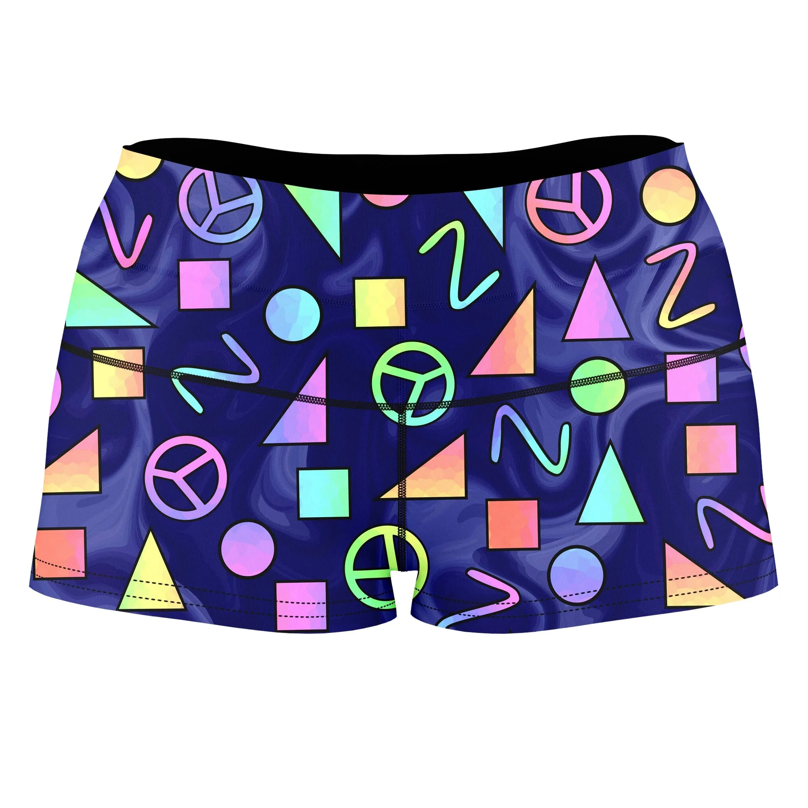 Retro Shapes Peace Symbols Blue High-Waisted Women's Shorts sold by iEDM