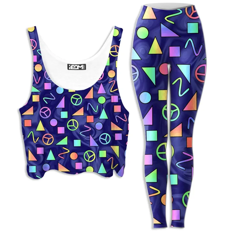 Retro Shapes Peace Symbols Blue Crop Top and Leggings Combo sold by iEDM
