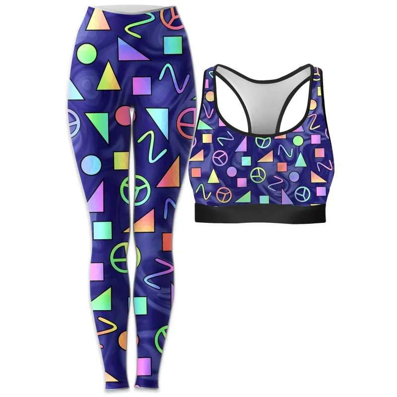 Retro Shapes Peace Symbols Blue Rave Bra and Leggings Combo sold by iEDM