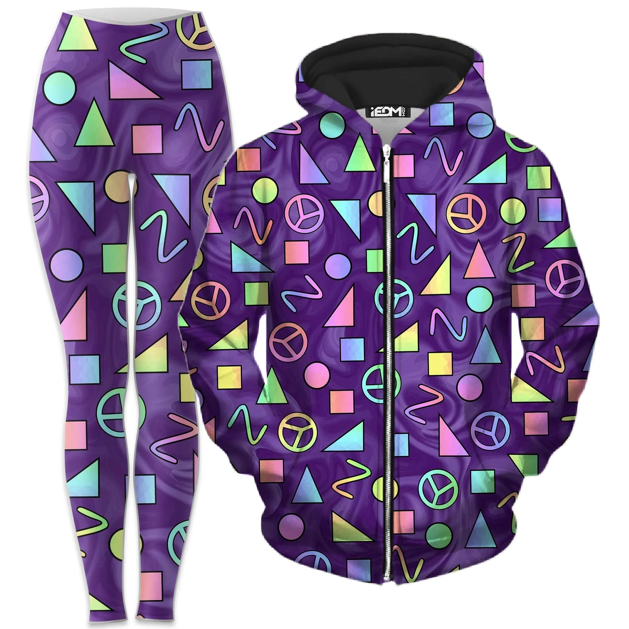 Retro Shapes Peace Symbols Purple Zip-Up Hoodie and Leggings Combo sold by iEDM