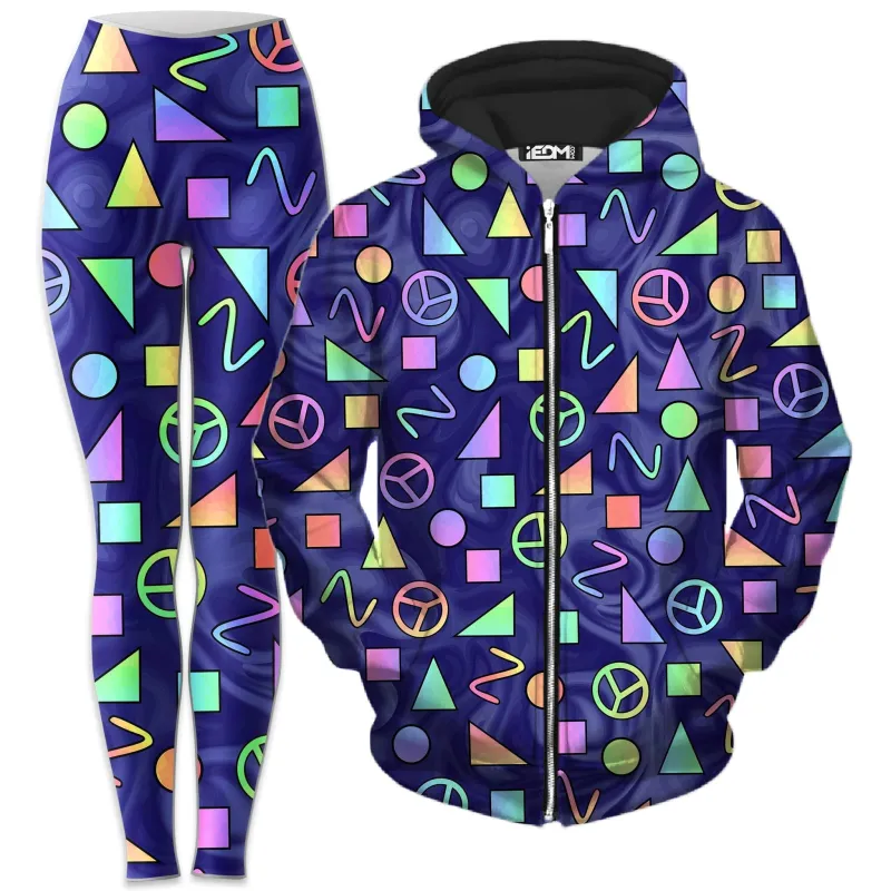 Retro Shapes Peace Symbols Blue Zip-Up Hoodie and Leggings Combo sold by iEDM