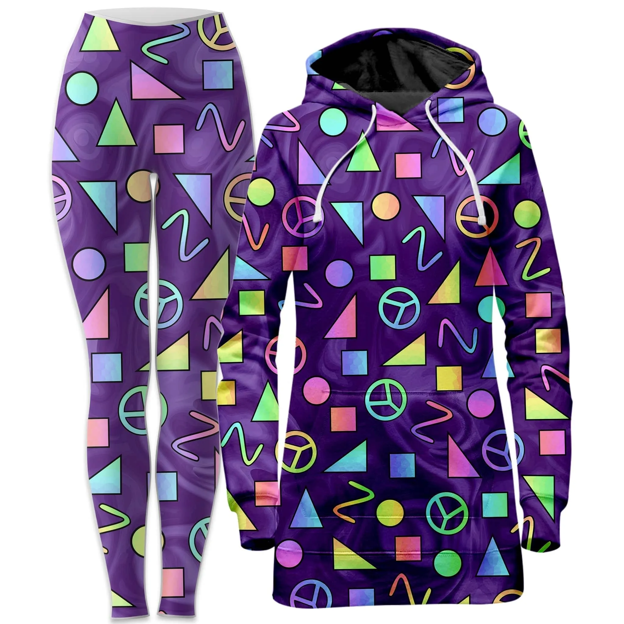Retro Shapes Peace Symbols Purple Hoodie Dress and Leggings Combo sold by iEDM