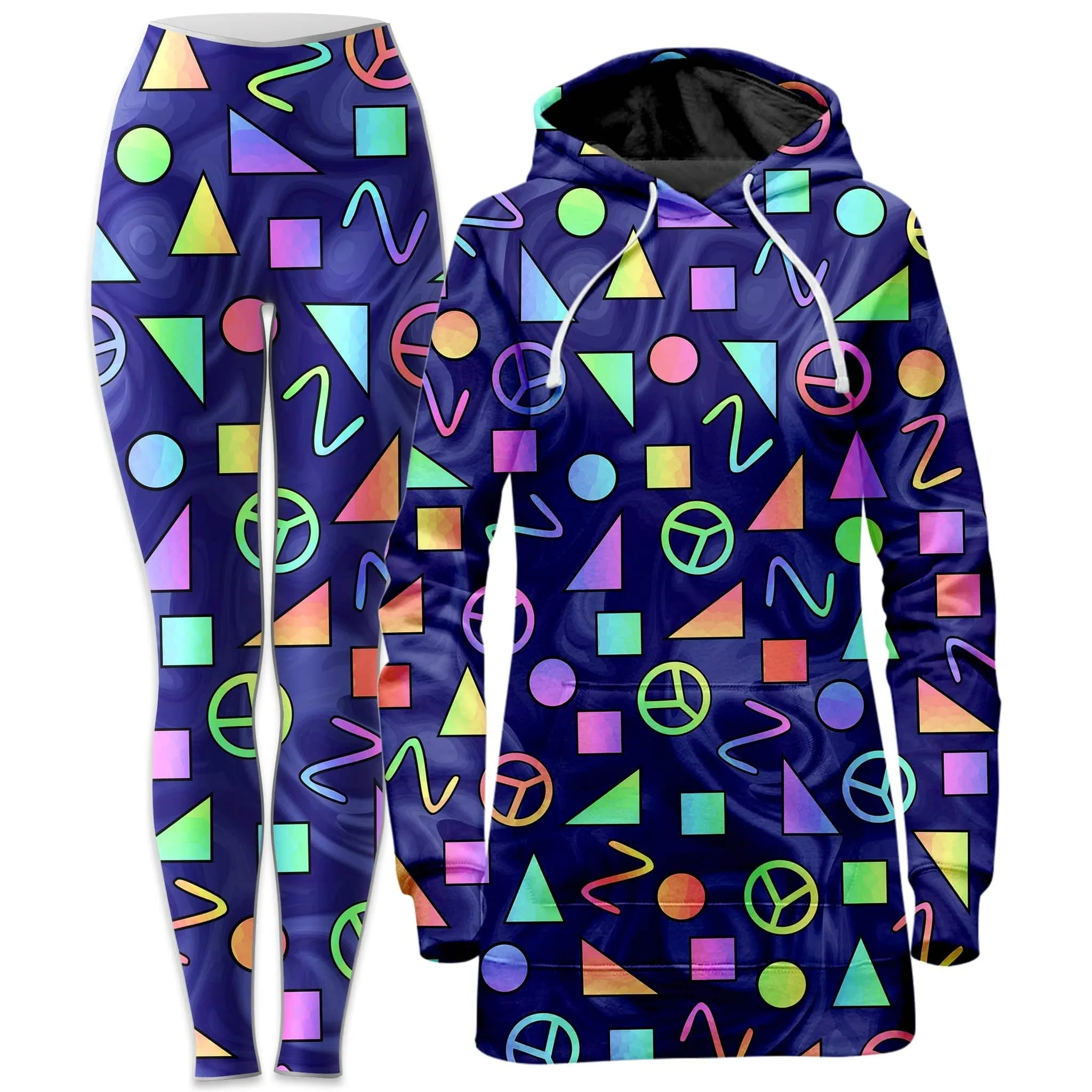 Retro Shapes Peace Symbols Blue Hoodie Dress and Leggings Combo sold by iEDM