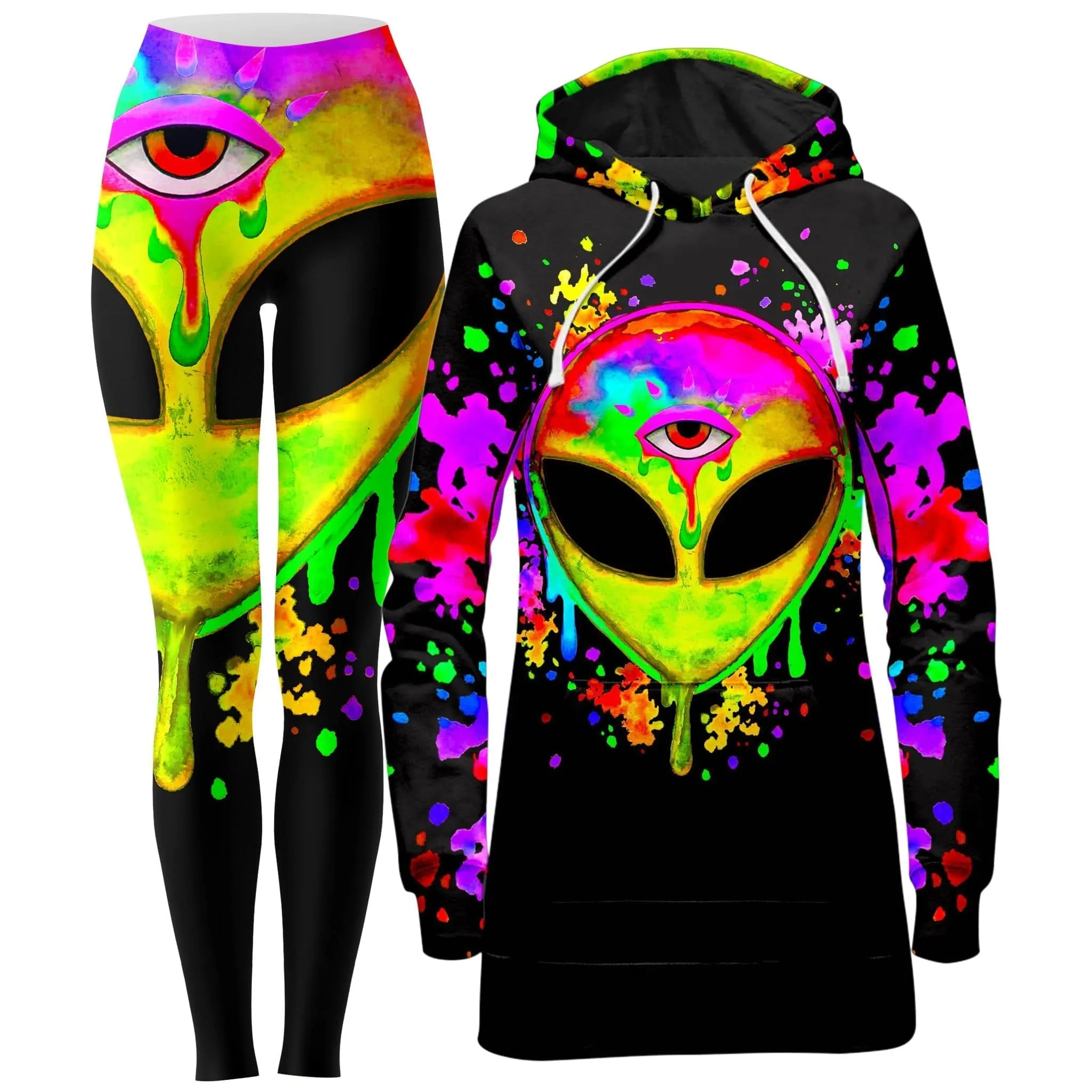 Splatter Alien Yellow Hoodie Dress and Leggings Combo sold by iEDM