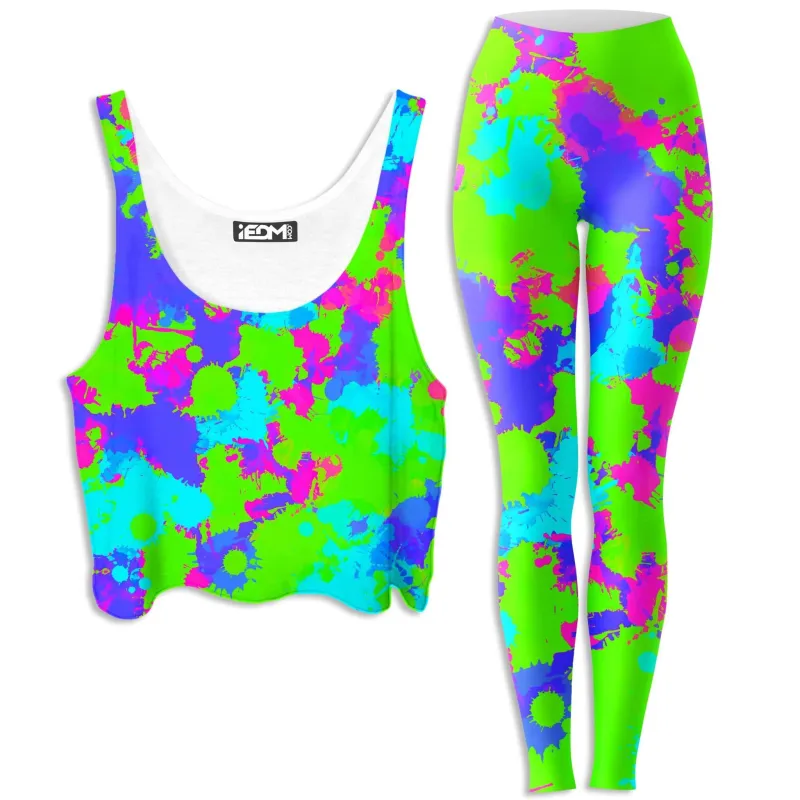 90s Neon Paint Splatter Crop Top and Leggings Combo sold by iEDM