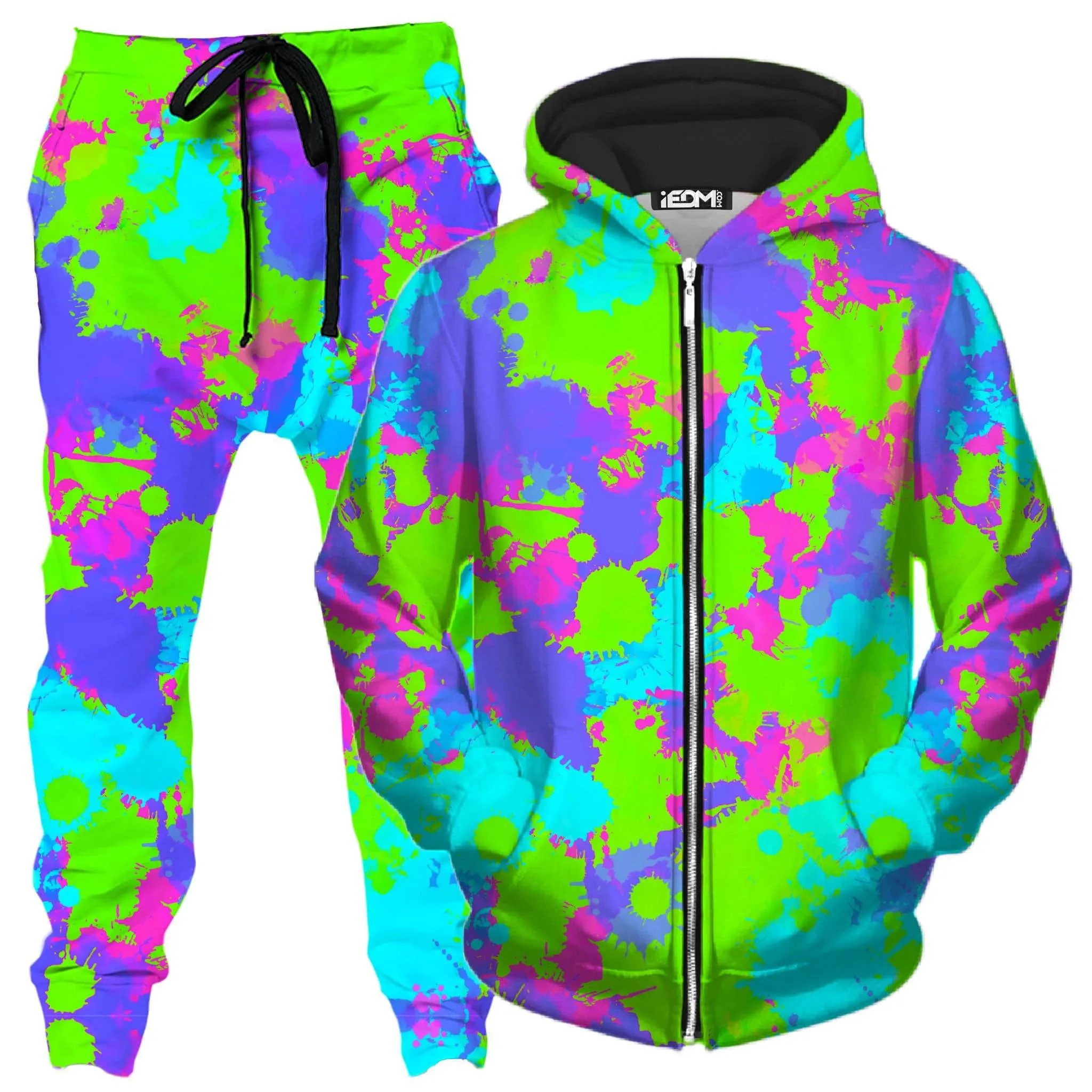90s Neon Paint Splatter Zip-Up Hoodie and Joggers Combo sold by iEDM