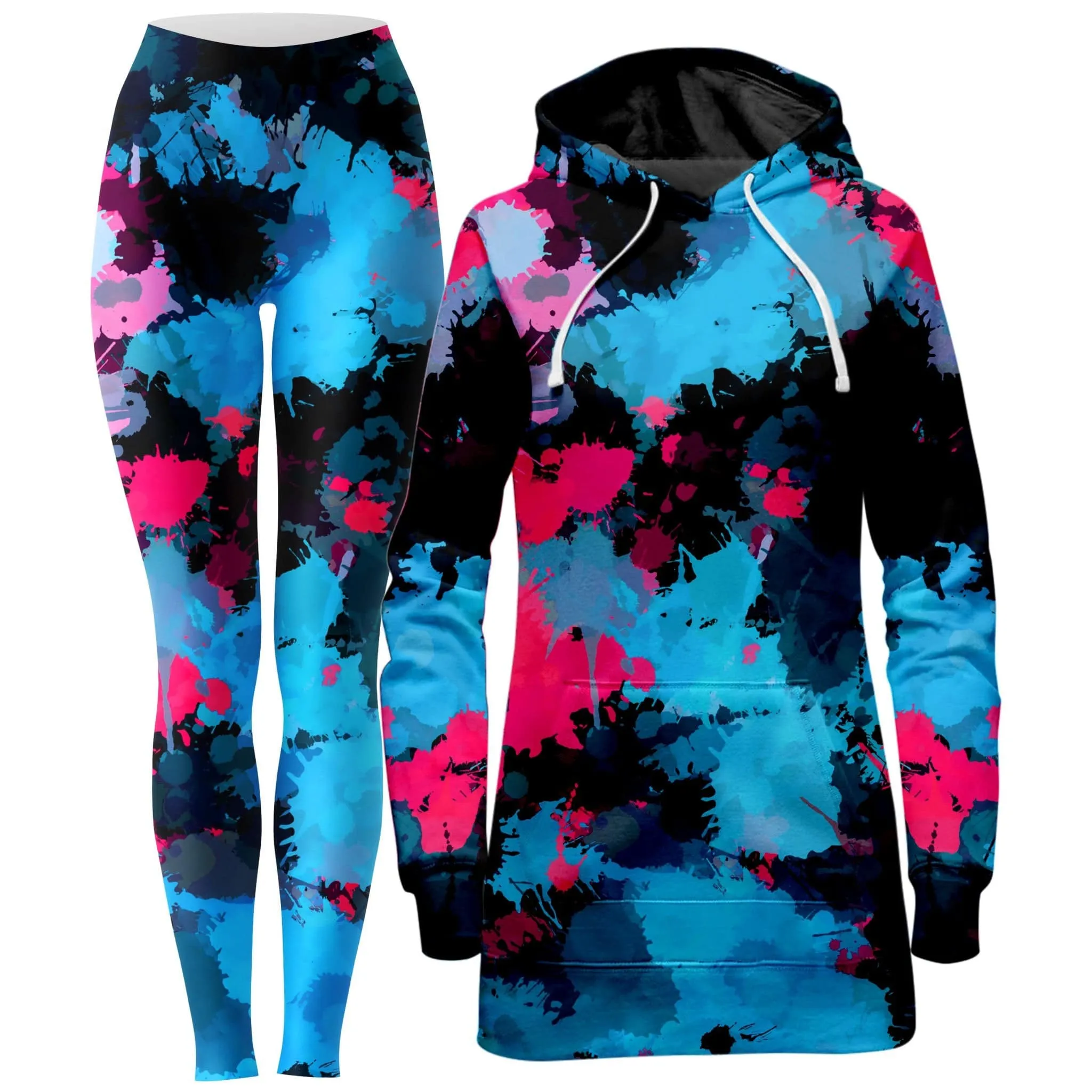 Pink and Blue Paint Splatter Hoodie Dress and Leggings Combo sold by iEDM