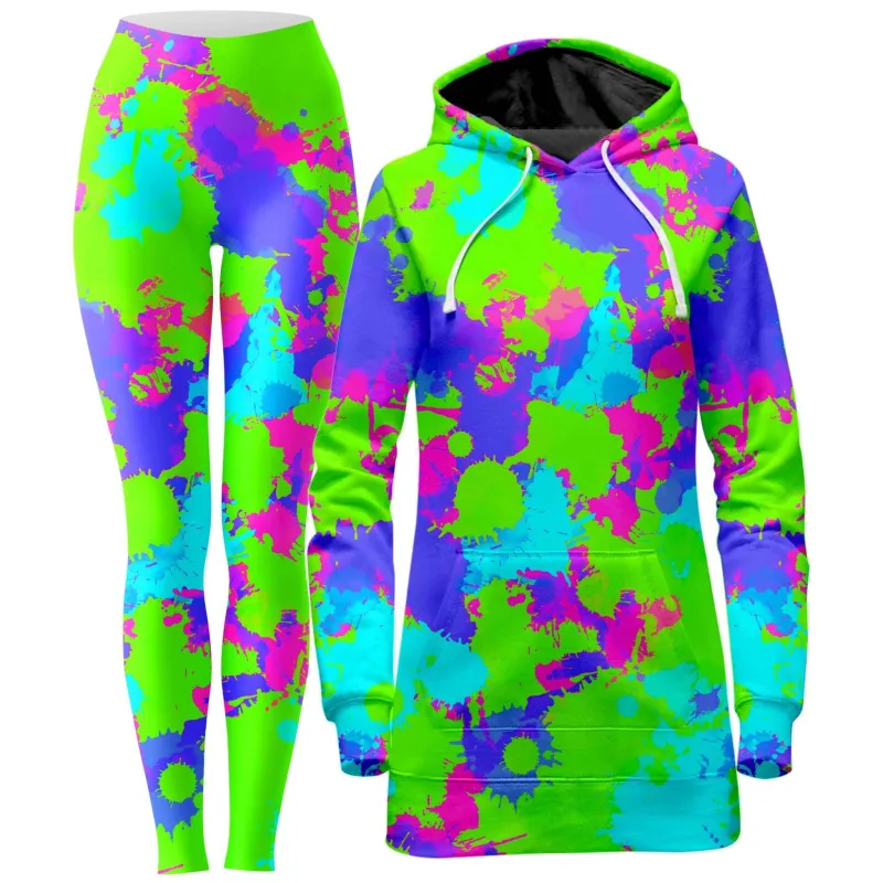 90s Neon Paint Splatter Hoodie Dress and Leggings Combo sold by iEDM