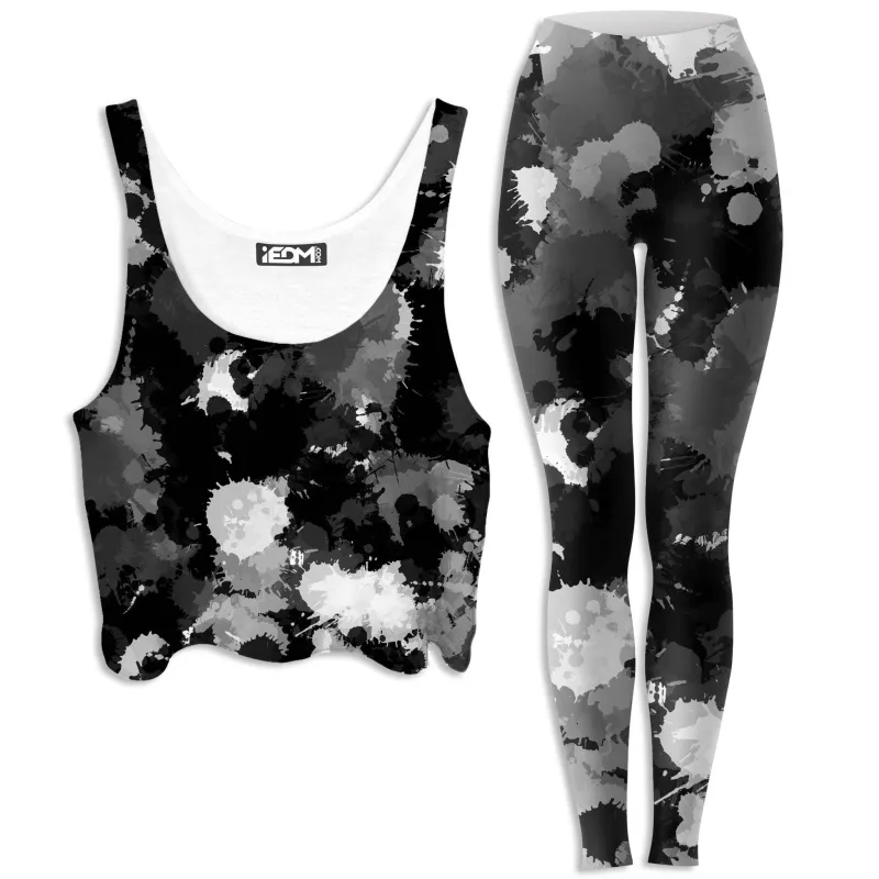 Black White and Grey Paint Splatter Crop Top and Leggings Combo sold by iEDM