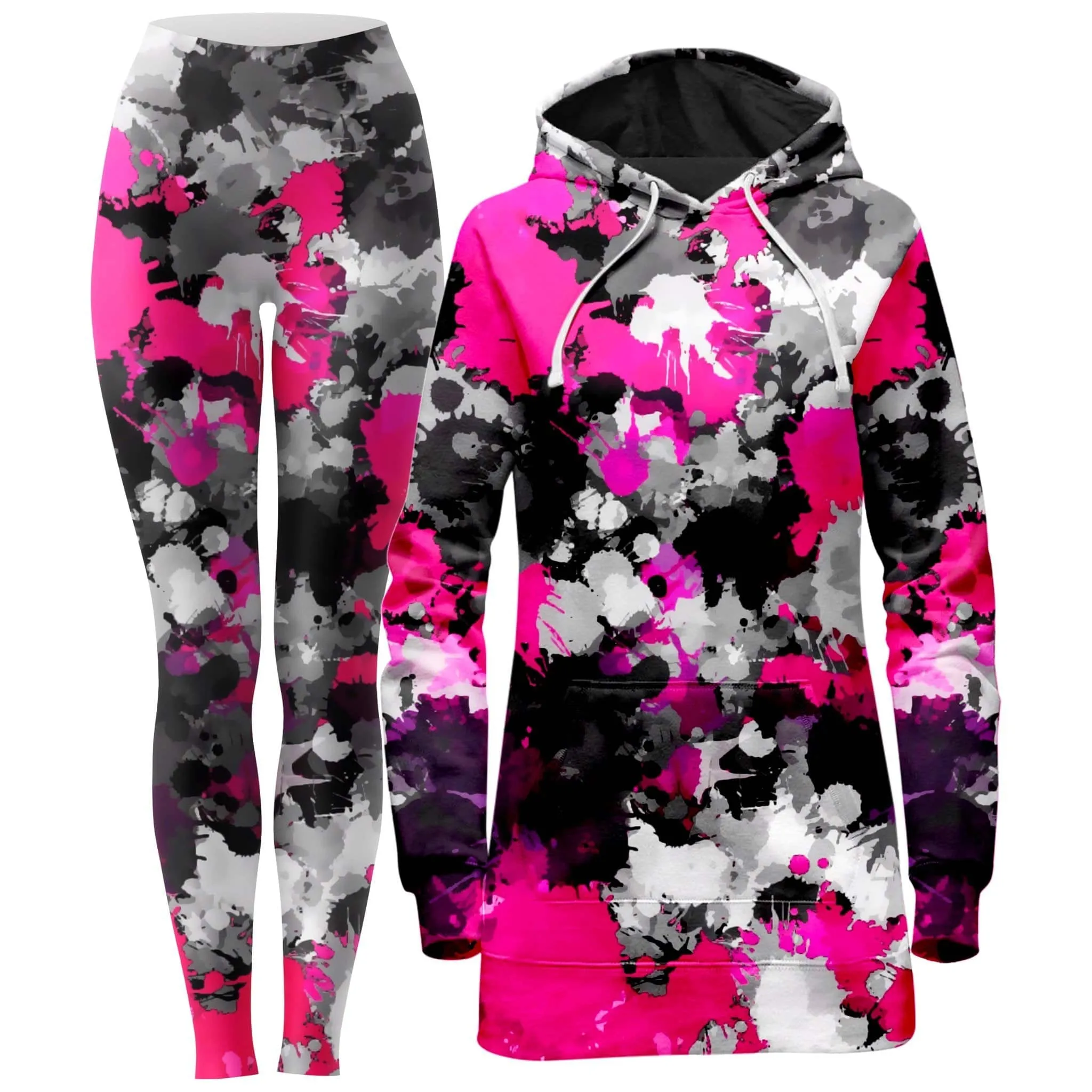 Pink and Grey Paint Splatter Hoodie Dress and Leggings Combo sold by iEDM