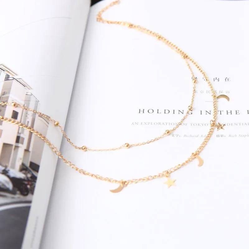Ophelia Moon & Stars Double Chain Dainty Necklace sold by Empty Soda