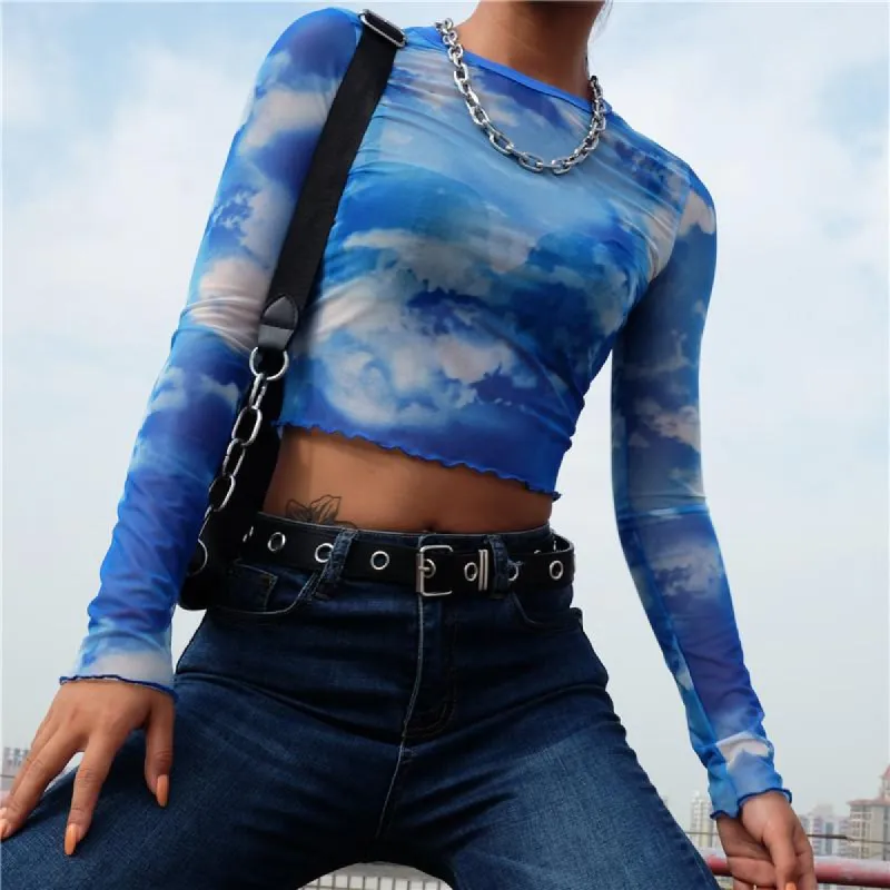 Nevaeh Blue Sky Mesh Long Sleeved Crop Top sold by Empty Soda