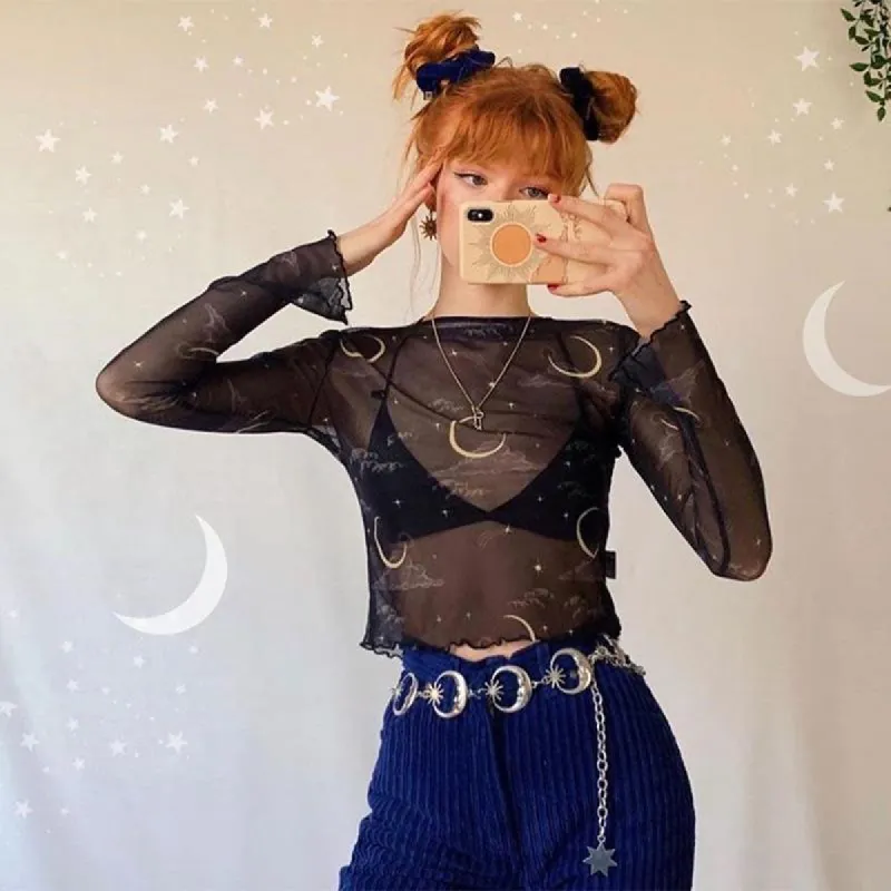 Goddess In The Moon Light Mesh Long Sleeve Crop sold by Empty Soda