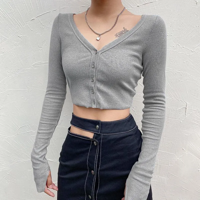 Raelynn Racy Doll Ribbed Button Up Long-Sleeved Crop Top sold by Empty Soda product image thumbnail 3