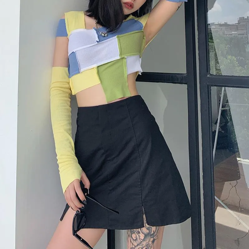 Preppy Patchwork Long Sleeved Crop Top sold by Empty Soda