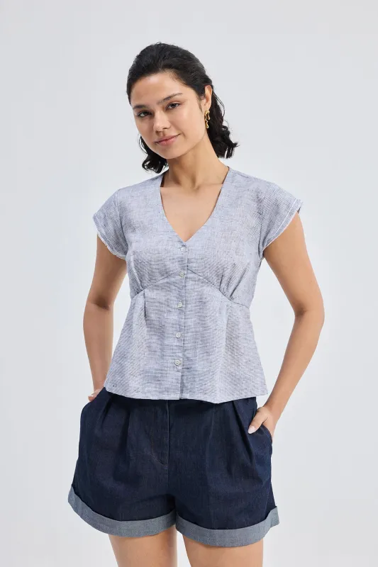 Deep V-neck short top in Linen Stripes sold by Reistor