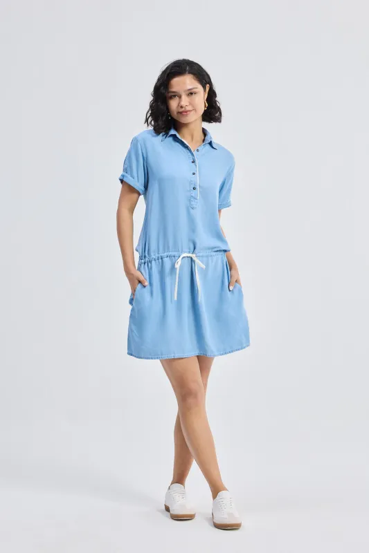 Drawstring Denim Shirt Dress with Front Buttons in Blue sold by Reistor