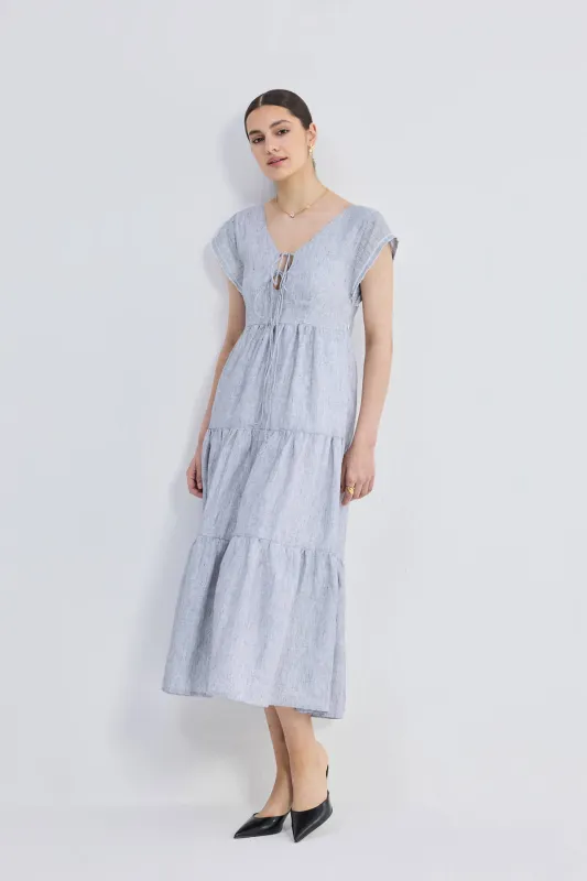 Maxi Tiered Dress with Front-ties in Linen Stripes sold by Reistor